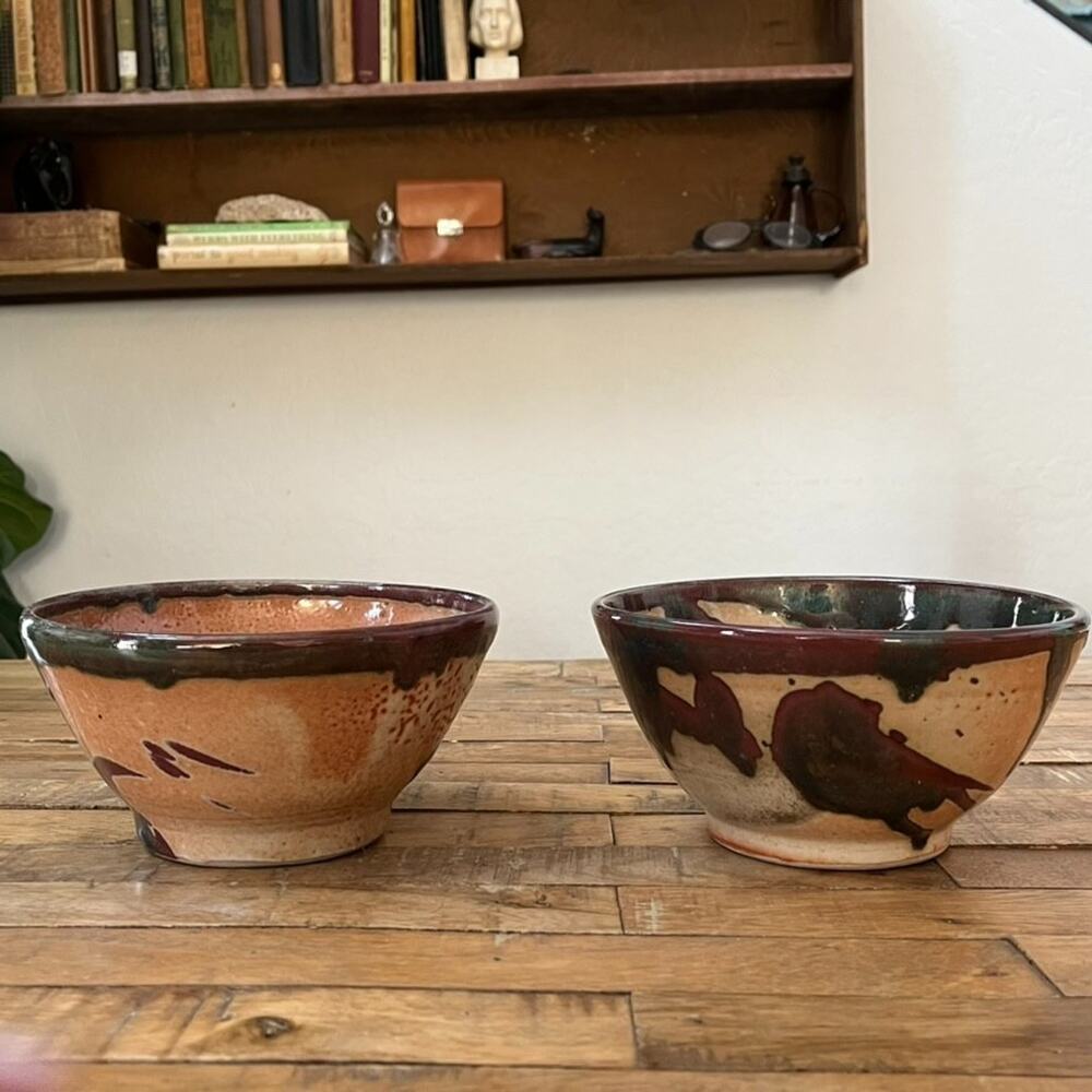 Art Studio Pottery Splash Glazed Ceramic Bowls 7" Earthy Tones Artist Signed